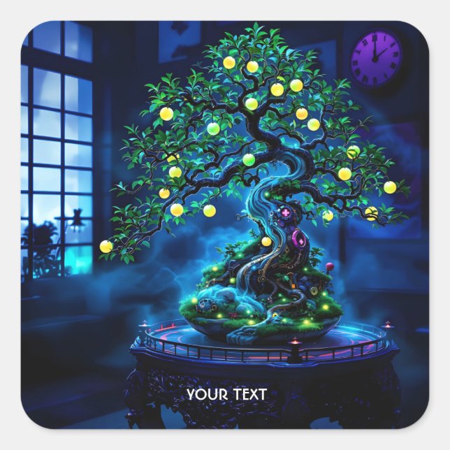 Fantasy Niedlich Bonsai Tree Lights Quadratischer Aufkleber (Vorderseite)