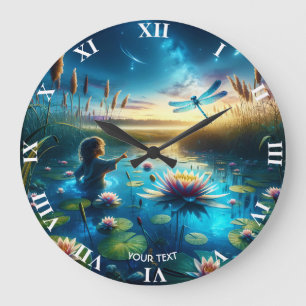 Fantasy Niedlich Boy Dragonfly Night Große Wanduhr