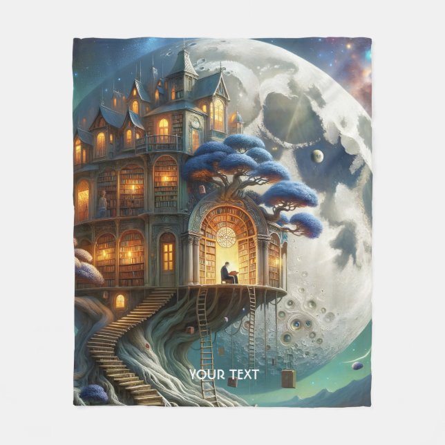Fantasy Niedlich Boy Moon Library Fleecedecke (Vorderseite)