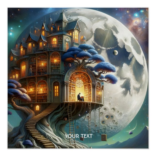 Fantasy Niedlich Boy Moon Library Poster (Vorderseite)