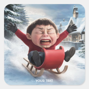 Fantasy Niedlich Boy Sledge Snow Quadratischer Aufkleber