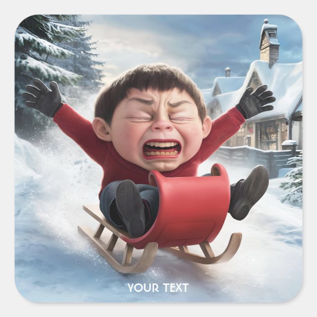 Fantasy Niedlich Boy Sledge Snow Quadratischer Aufkleber (Vorderseite)