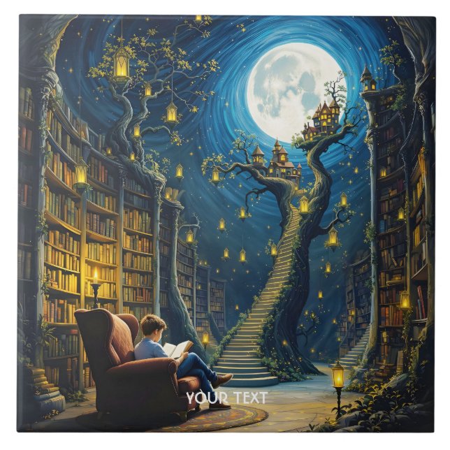 Fantasy Niedlich Boy Tree Library Fliese (Vorderseite)