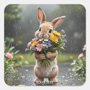 Fantasy Niedlich Bunny Blume Rain Quadratischer Aufkleber