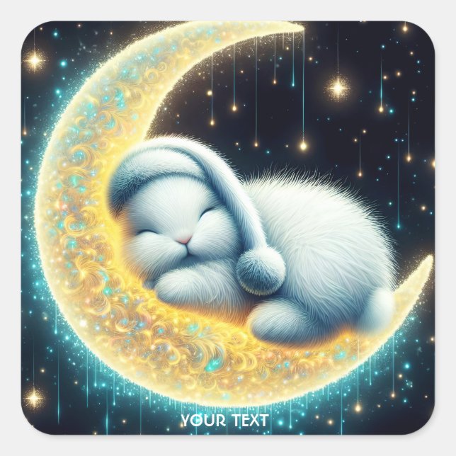 Fantasy Niedlich Bunny Crescent Moon Quadratischer Aufkleber (Vorderseite)