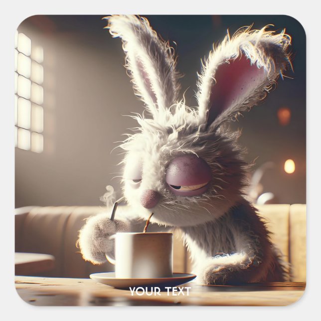 Fantasy Niedlich Bunny Drink Coffee Quadratischer Aufkleber (Vorderseite)