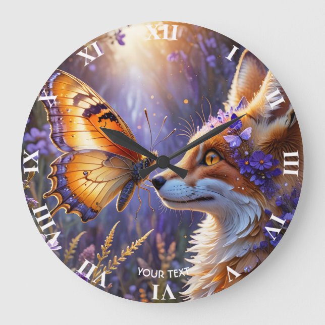 Fantasy Niedlich Butterfly Fox Blume Große Wanduhr (Vorderseite)