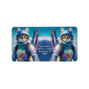 Fantasy Niedlich Cat Alpin Skis Adressaufkleber
