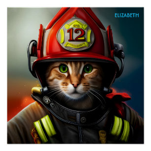 Fantasy Niedlich Cat Feuerwehrmann Anzug. Poster