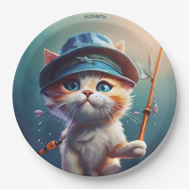 Fantasy Niedlich Cat Fishing Rod Pappteller (Vorderseite)