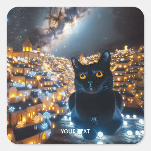 Fantasy Niedlich Cat Lights Town Quadratischer Aufkleber