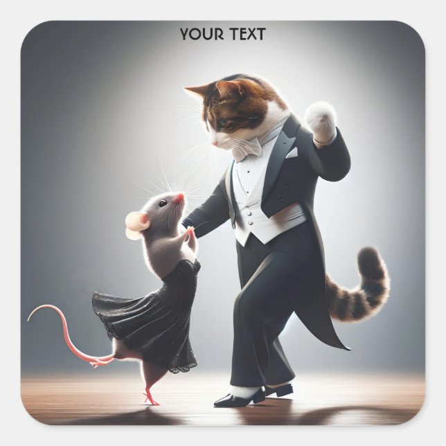 Fantasy Niedlich Cat Mouse Tango Quadratischer Aufkleber (Vorderseite)