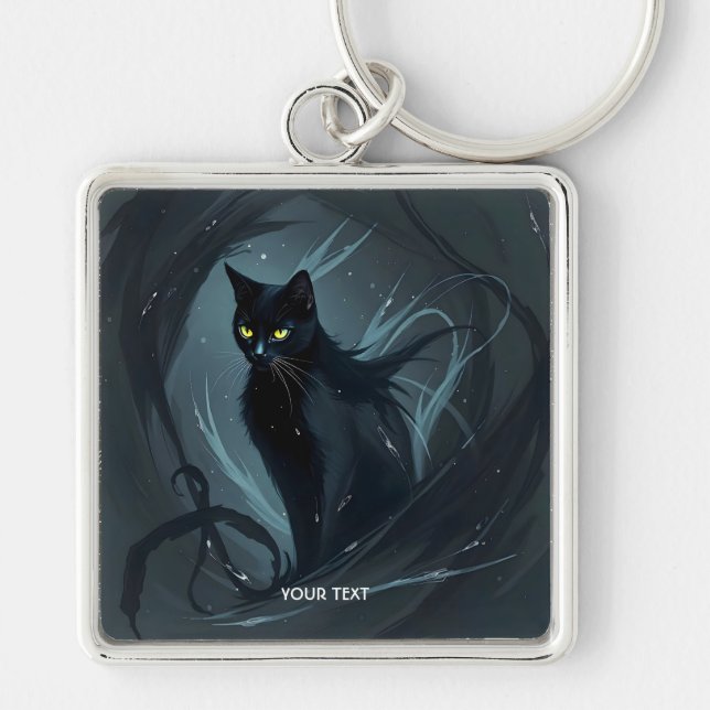 Fantasy Niedlich Cat Night Black Schlüsselanhänger (Vorne)