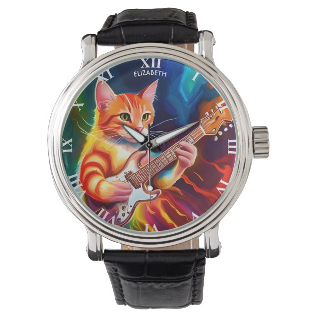 Fantasy Niedlich Cat Playing Gitarre Armbanduhr (Vorderseite)