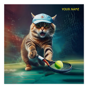 Fantasy Niedlich Cat Playing Tennis Poster