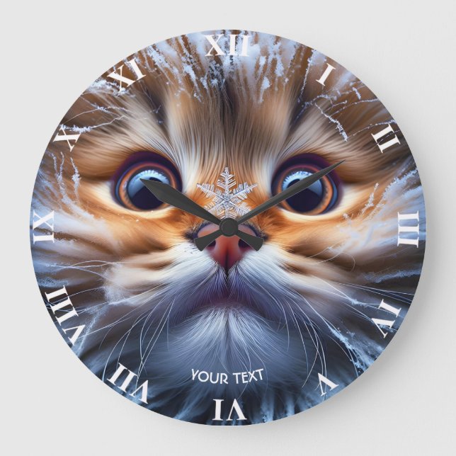 Fantasy Niedlich Cat Snow Snowflake Große Wanduhr (Vorderseite)