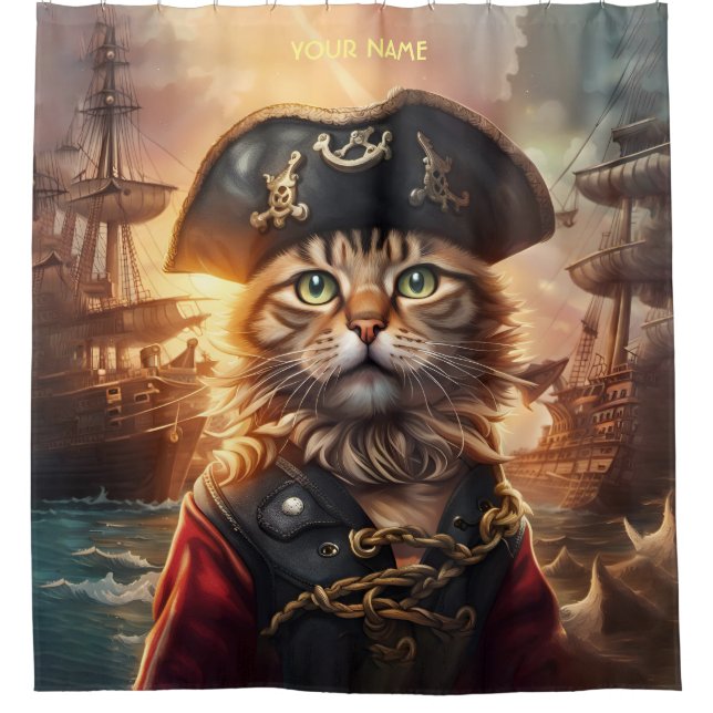 Fantasy Niedlich Chat Pirate Hat Duschvorhang (Vorderseite)