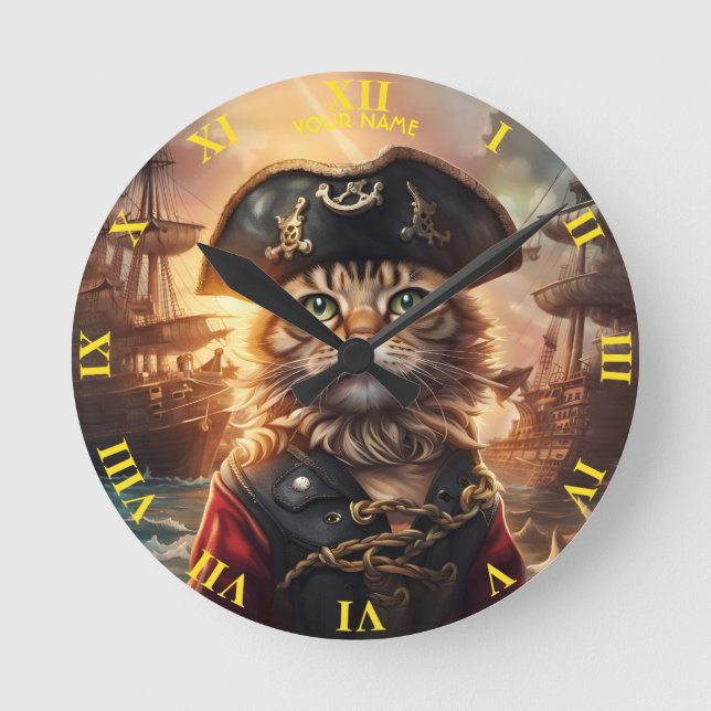 Fantasy Niedlich Chat Pirate Hat Runde Wanduhr (Vorderseite)