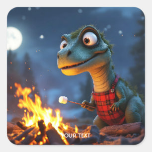 Fantasy Niedlich Dino Campfire Moon Quadratischer Aufkleber