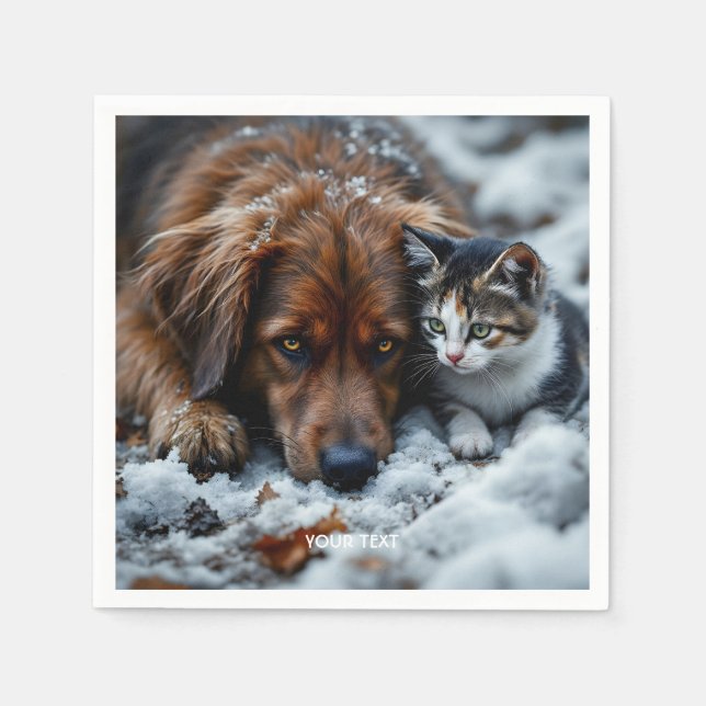 Fantasy Niedlich Dog Cat Snow Serviette (Vorderseite)