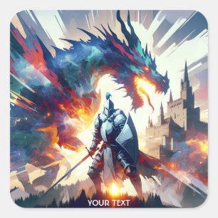 Fantasy Niedlich Dragon Fighting Knight Quadratischer Aufkleber