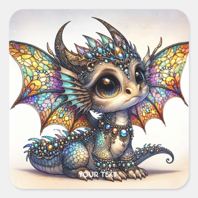 Fantasy Niedlich Dragon Stached Glass Quadratischer Aufkleber (Vorderseite)