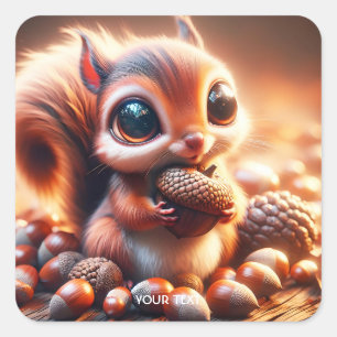 Fantasy Niedlich Eichhörnchen Holding Acorn Quadratischer Aufkleber