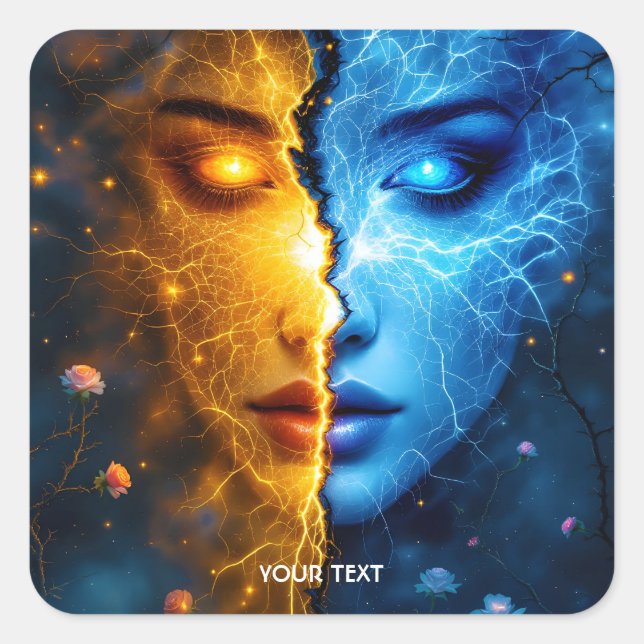Fantasy Niedlich Face Yellow Blue Quadratischer Aufkleber (Vorderseite)