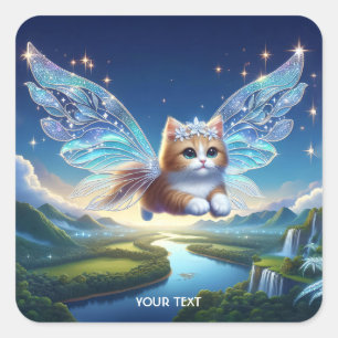 Fantasy Niedlich Flying Cat Wings Quadratischer Aufkleber