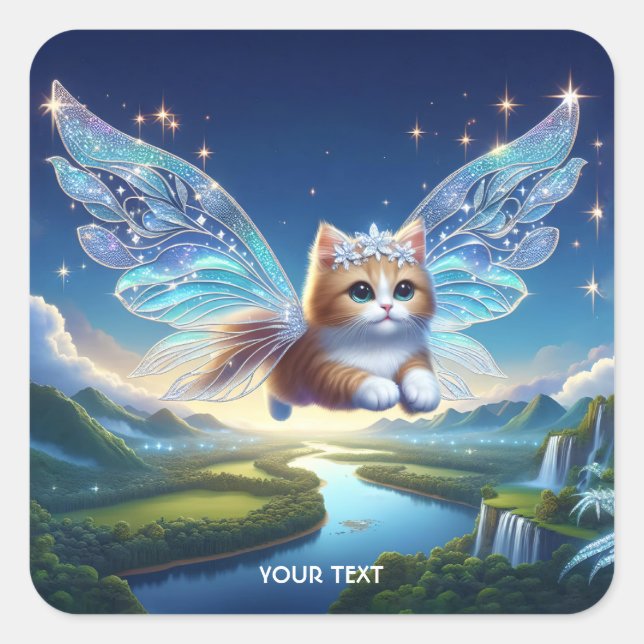 Fantasy Niedlich Flying Cat Wings Quadratischer Aufkleber (Vorderseite)