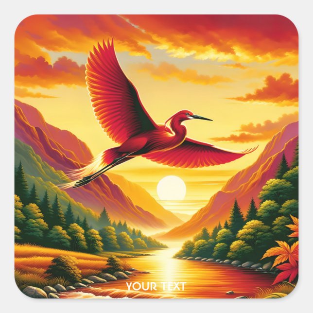 Fantasy Niedlich Flying Red Egret Quadratischer Aufkleber (Vorderseite)