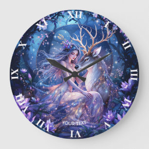 Fantasy Niedlich Forest Deer Girl Große Wanduhr