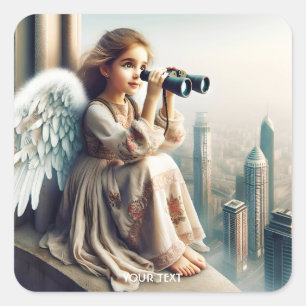 Fantasy Niedlich Girl City Binocular Quadratischer Aufkleber