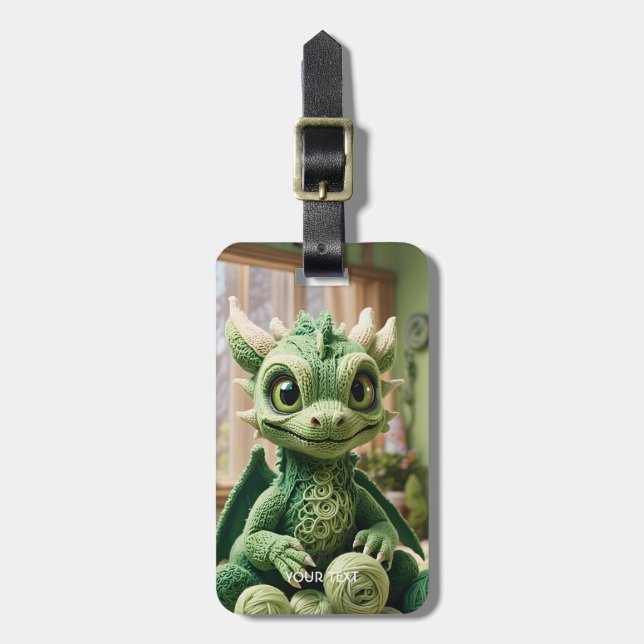 Fantasy Niedlich Green Yarn Dragon Gepäckanhänger (Vorderseite vertikal)