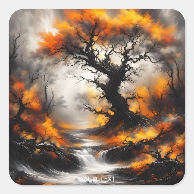 Fantasy Niedlich Herbstbaum Quadratischer Aufkleber (Vorderseite)