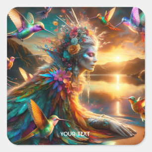 Fantasy Niedlich Hummingbird Goddess Lake Quadratischer Aufkleber