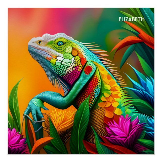 Fantasy Niedlich Iguana Art Deco Stil Poster (Vorderseite)
