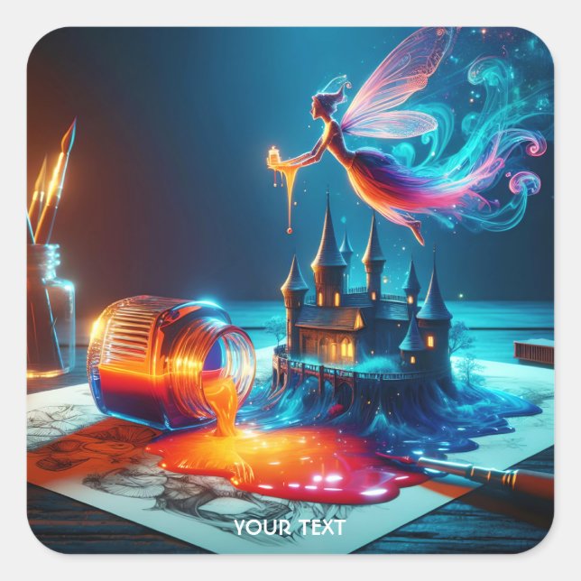 Fantasy Niedlich Ink Blue Orange Quadratischer Aufkleber (Vorderseite)