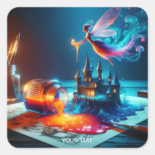 Fantasy Niedlich Ink Blue Orange Quadratischer Aufkleber