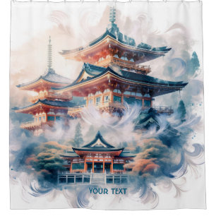 Fantasy Niedlich Japanischer Tempel Wasserfarbe Duschvorhang