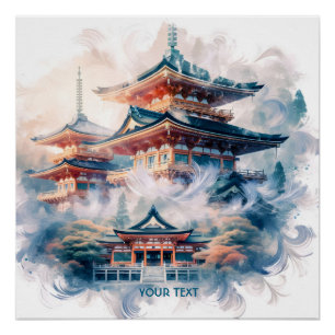 Fantasy Niedlich Japanischer Tempel Wasserfarbe Poster