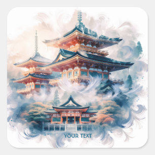 Fantasy Niedlich Japanischer Tempel Wasserfarbe Quadratischer Aufkleber