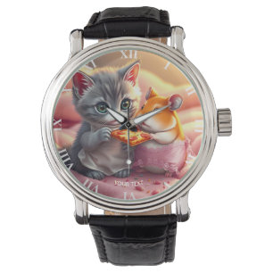 Fantasy Niedlich Kitten Hamster Pizza Armbanduhr