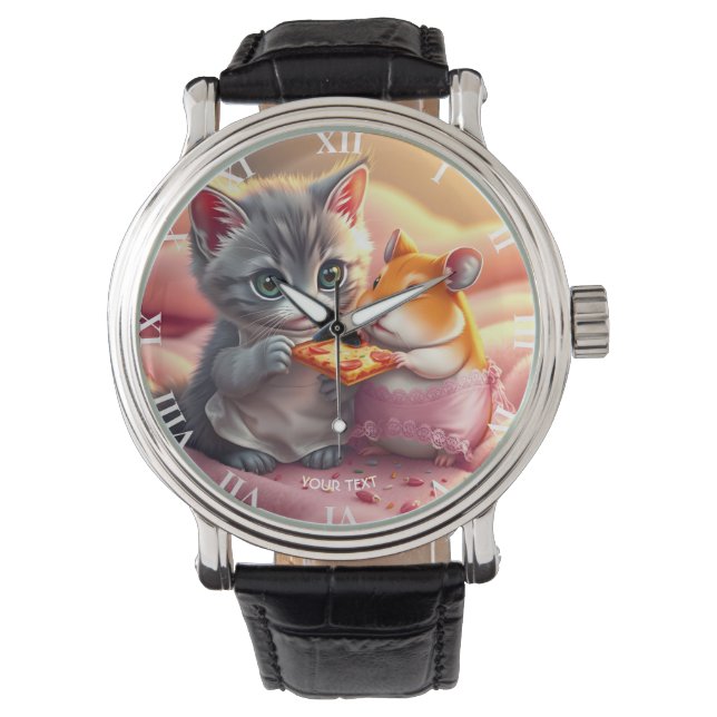 Fantasy Niedlich Kitten Hamster Pizza Armbanduhr (Vorderseite)