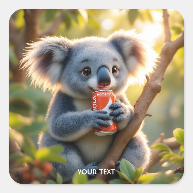 Fantasy Niedlich Koala Drinks Tree Quadratischer Aufkleber (Vorderseite)