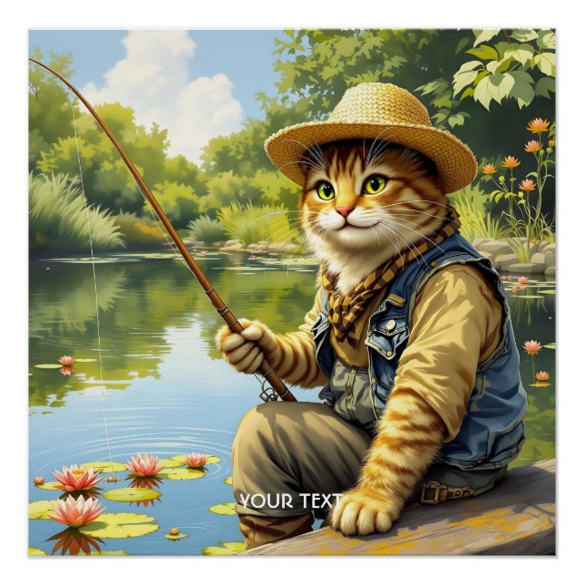 Fantasy Niedlich Lake Cat Fischen Poster (Vorderseite)