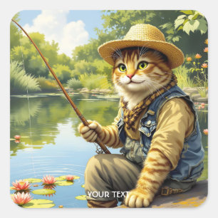 Fantasy Niedlich Lake Cat Fischen Quadratischer Aufkleber