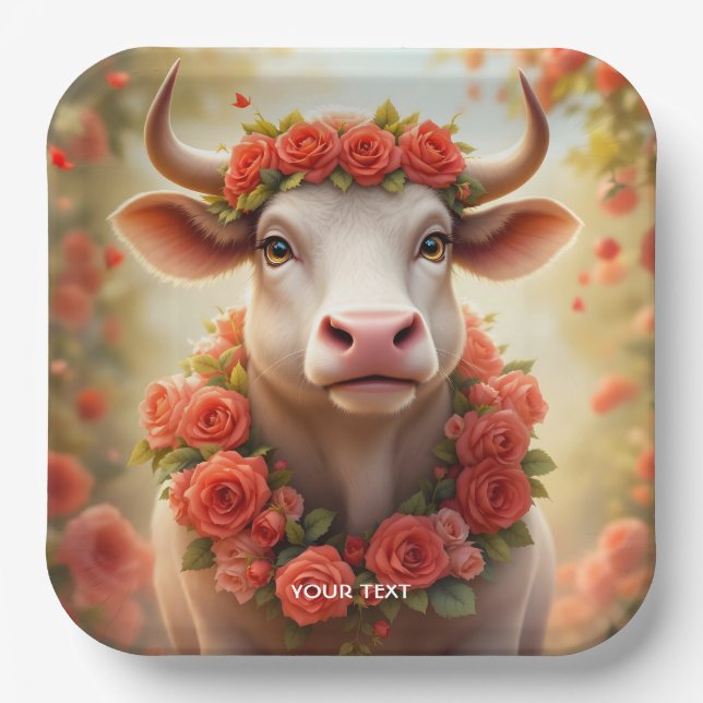 Fantasy Niedlich Love Cow Rose Pappteller (Vorderseite)