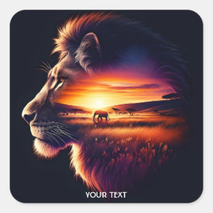 Fantasy Niedlich Löwe Kopf Savanna Quadratischer Aufkleber