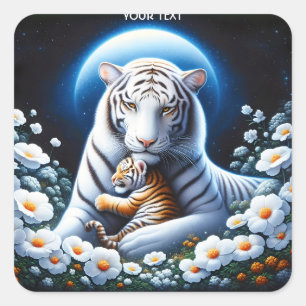 Fantasy Niedlich Mama Baby Tigers Quadratischer Aufkleber